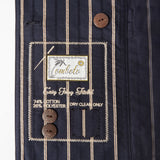 Close-up product image of the 'Easy-going' jacket in navy-jacquard's interior breast tag with two extra coconut shell buttons.