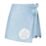 Light blue wrap skirt with a white appliquéd sand dollar design and wooden beads at the end of the ties on a white background.