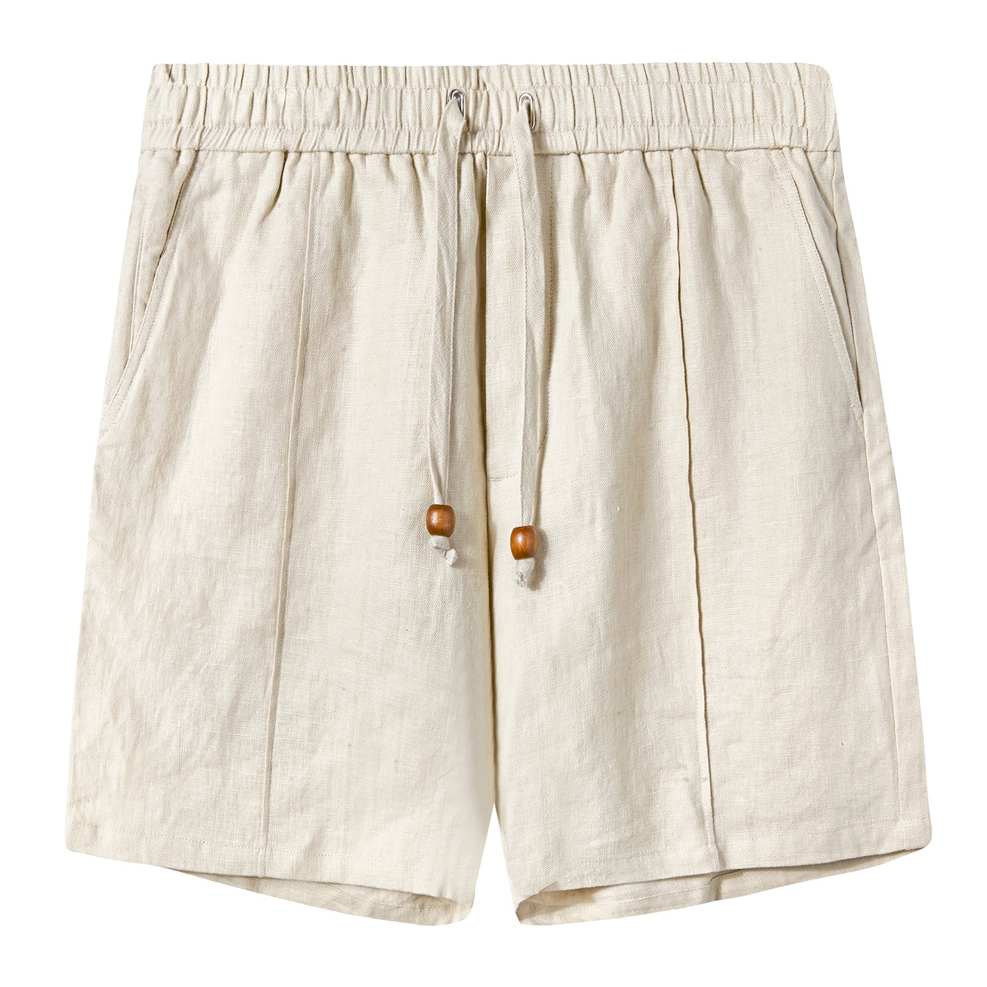 Sand-colored linen shorts with an elastic waistband and wooden-tipped drawstrings.