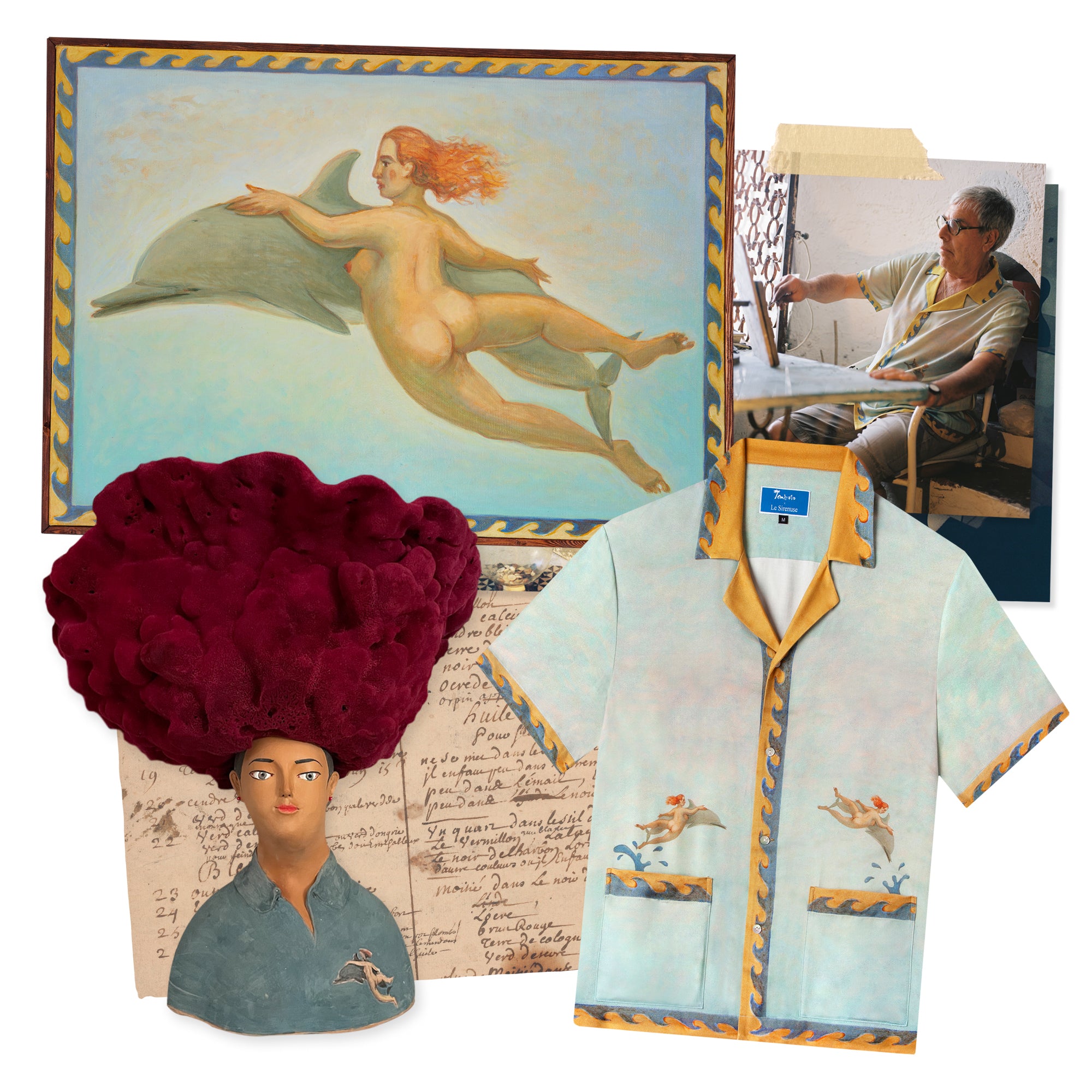 Collage of Sandulli artworks, shirt and photos