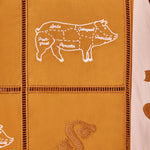 Close-up image of the pig embroidery on alternating panels, labeled with various cuts in Sopranos parlance: "gabagool", "pruh-zhoot", etc.