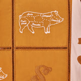 Close-up image of the pig embroidery on alternating panels, labeled with various cuts in Sopranos parlance: "gabagool", "pruh-zhoot", etc.