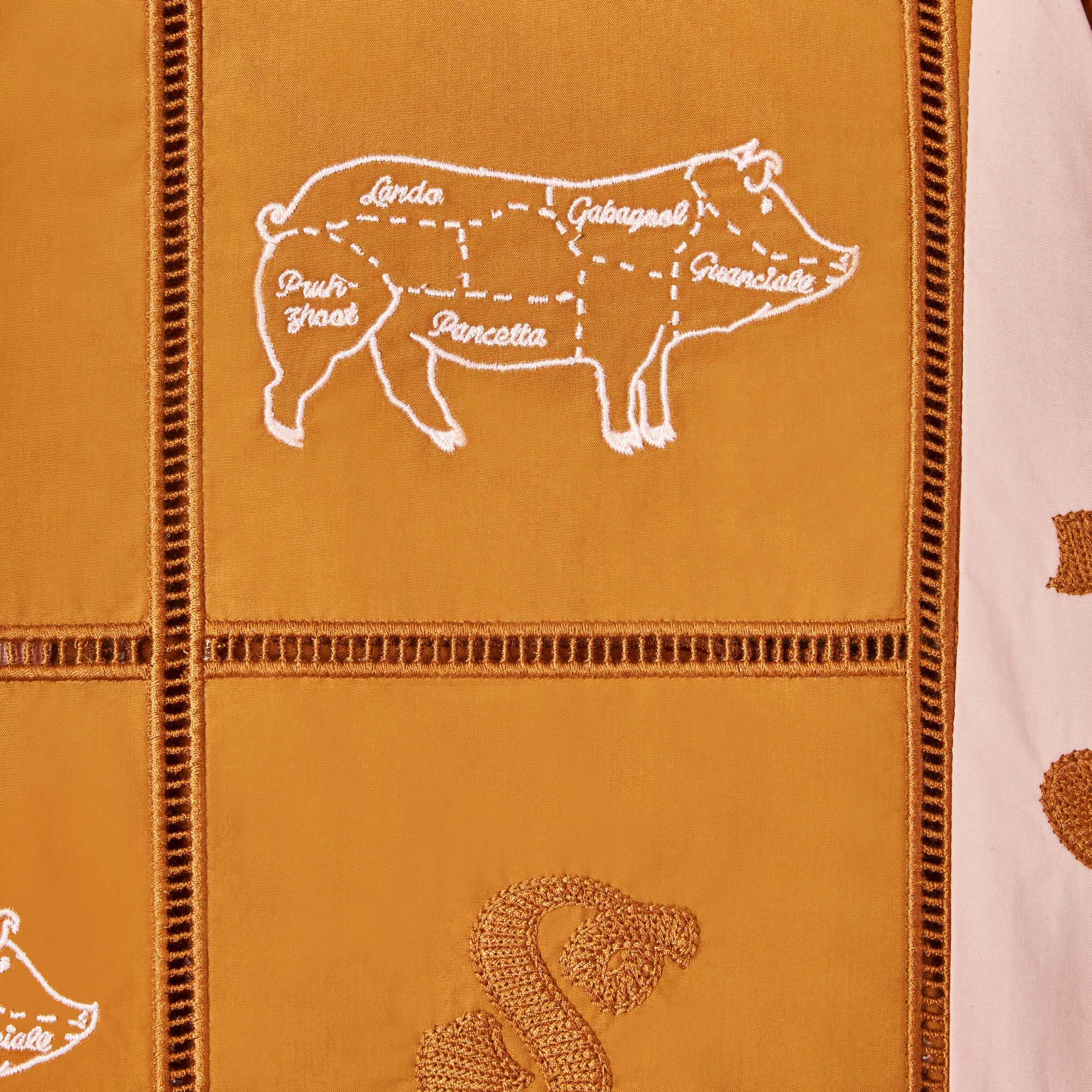 Close-up image of the pig embroidery on alternating panels, labeled with various cuts in Sopranos parlance: "gabagool", "pruh-zhoot", etc.