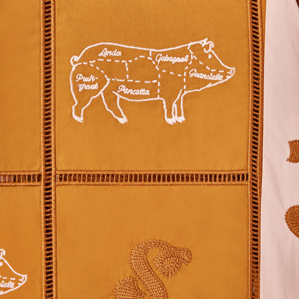 Close-up image of the pig embroidery on alternating panels, labeled with various cuts in Sopranos parlance: "gabagool", "pruh-zhoot", etc.
