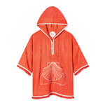 Front-facing product image of the 'Scallop' Beach Towel Top made of 100% Organic Cotton Terry that features fringed hem and cuffs, a custom woven interior label, oversized hood, edge-embroidered scallop shell-shaped kangaroo pocket, and button and loop closures on collar opening, all shot on a white background.