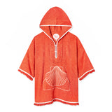 Front-facing product image of the 'Scallop' Beach Towel Top made of 100% Organic Cotton Terry that features fringed hem and cuffs, a custom woven interior label, oversized hood, edge-embroidered scallop shell-shaped kangaroo pocket, and button and loop closures on collar opening, all shot on a white background.