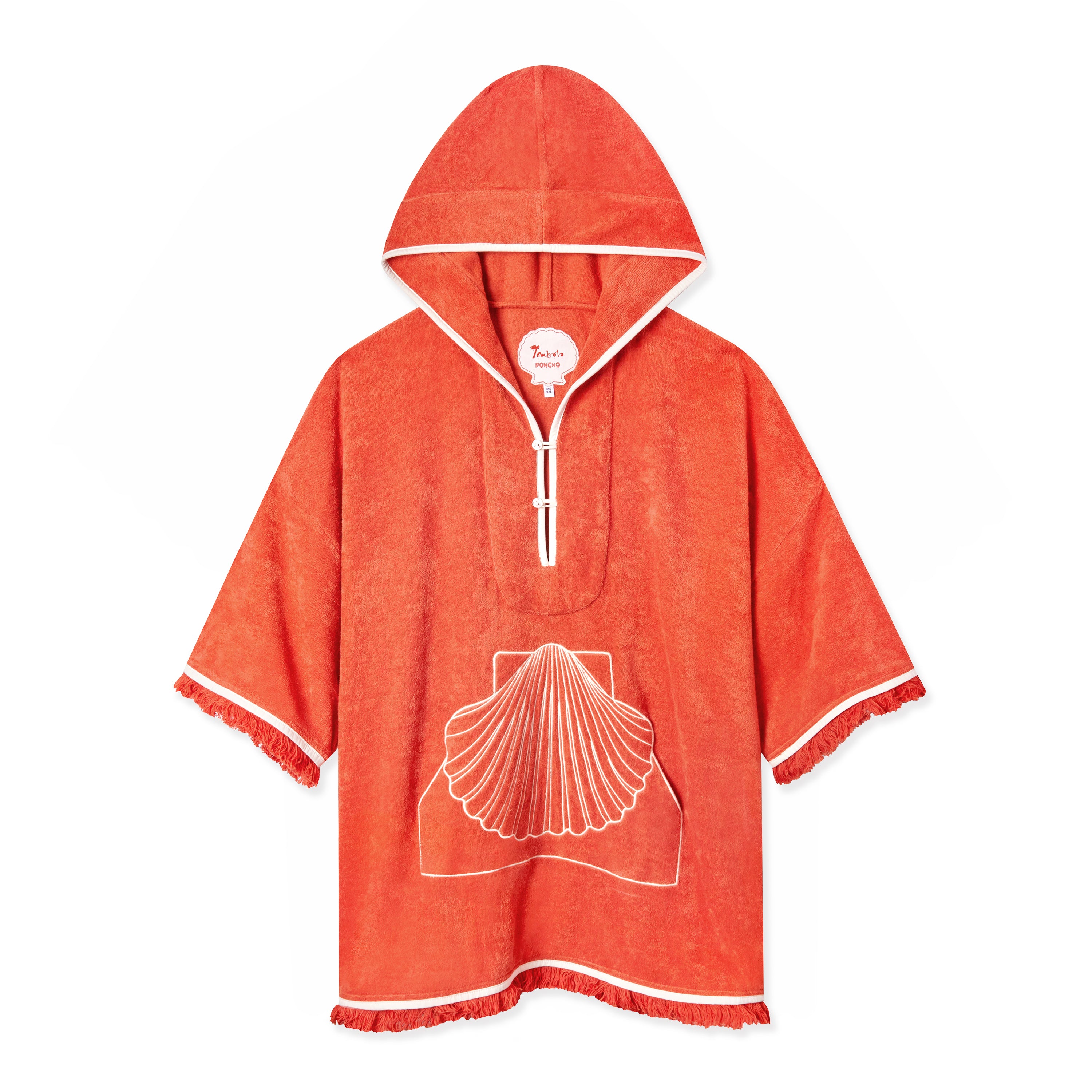 Front-facing product image of the 'Scallop' Beach Towel Top made of 100% Organic Cotton Terry that features fringed hem and cuffs, a custom woven interior label, oversized hood, edge-embroidered scallop shell-shaped kangaroo pocket, and button and loop closures on collar opening, all shot on a white background.