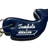 Front-facing product image of the 'Boston Whaler' Key Float that features a durable foam with silk-screened 'Tombolo x Boston Whaler' logo lockup, bead chain attachment for keys, that is made in the USA and intended to help keep your keys afloat.