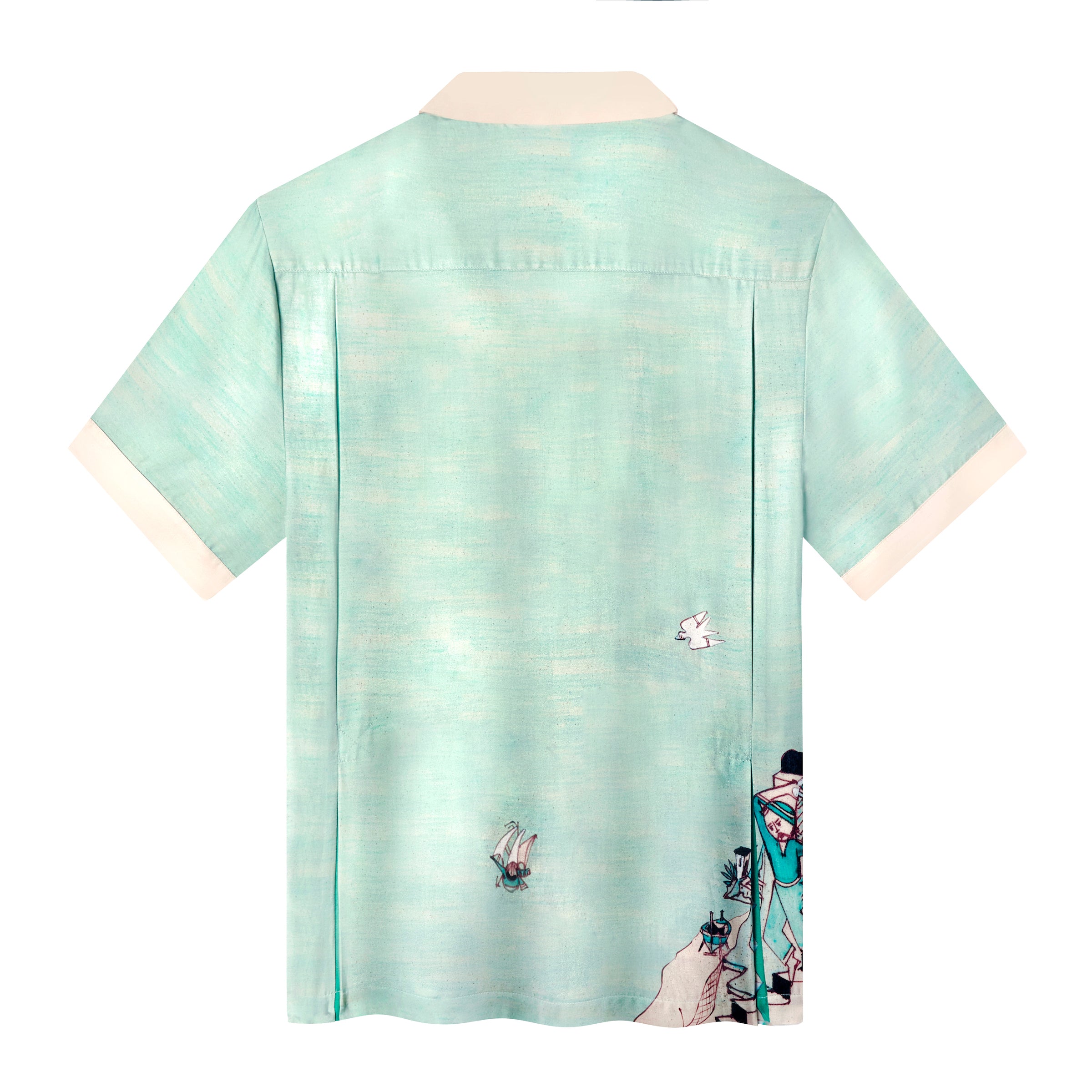 Product photo of the back of the shirt showing the street scene wrap around from the front, and a sky blue hue throughout the shirt