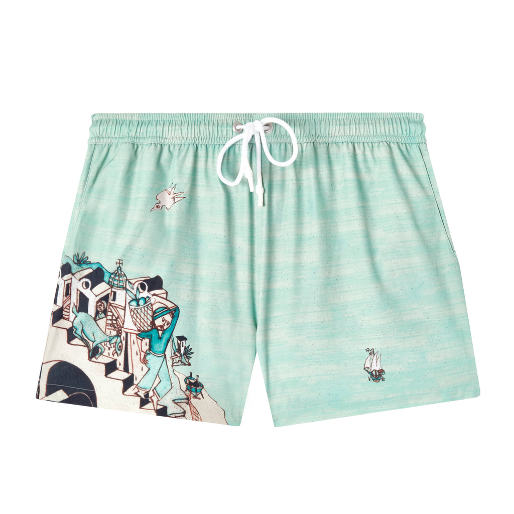 Light heathered turquoise swim trunks  with a lone painted sailboat on the right leg and a man with a goat walking down stairs with buildings behind him on the lower quadrant of the left leg, also with white silicone dipped drawstrings