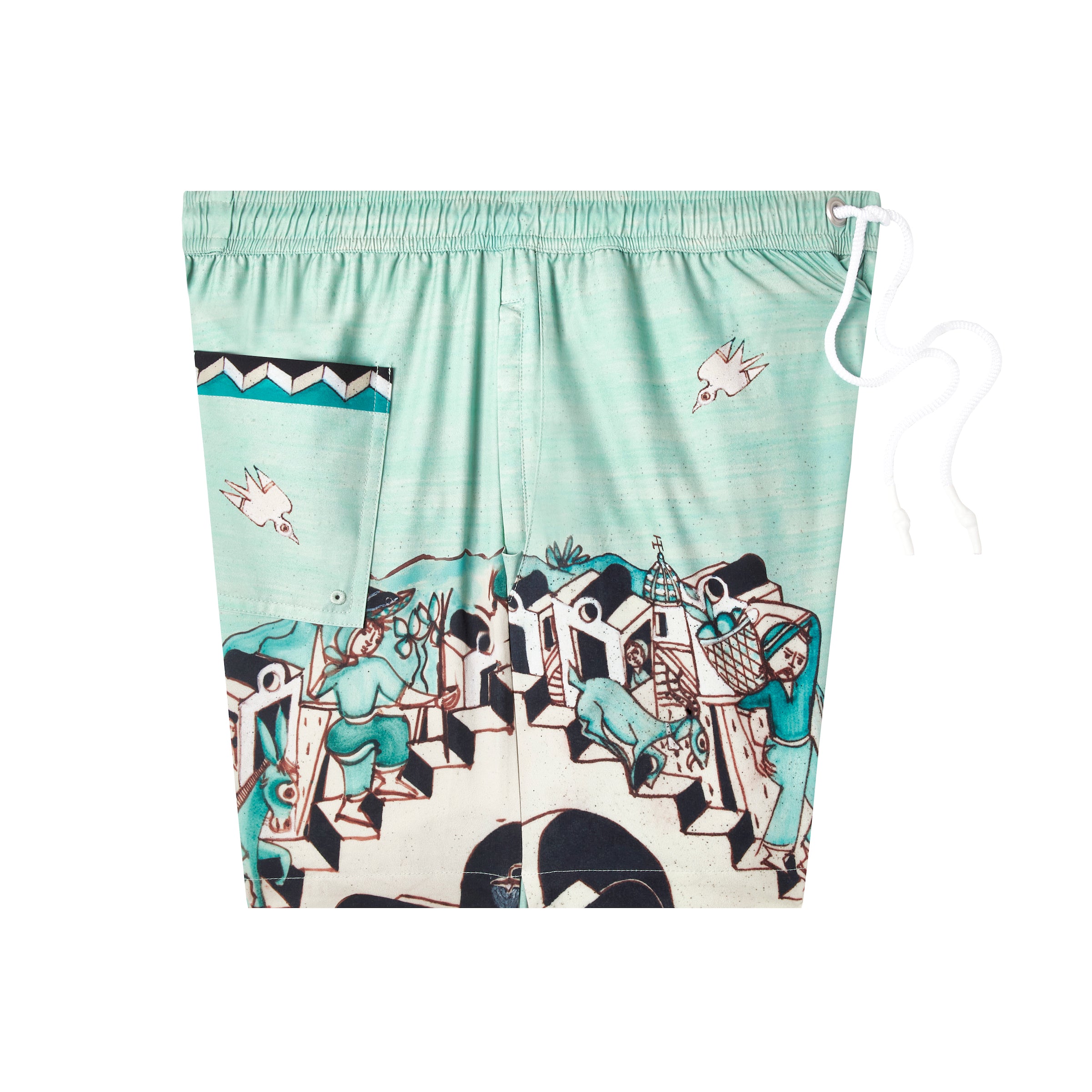 Side view of the trunks showing the painting of the buildings with the people and animals walking along the stairs