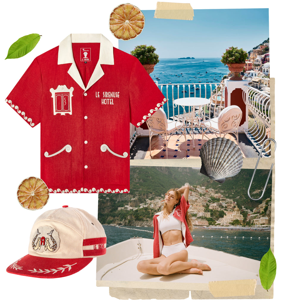 Collage of Tombolo Finestra shirt, woman posing on boat and Le Sirenuse red cap