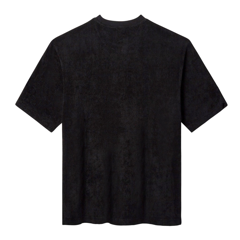 Backwards-facing image of 'The Sopranos' Souvenir Terry Tee that features black colored plain terrycloth.