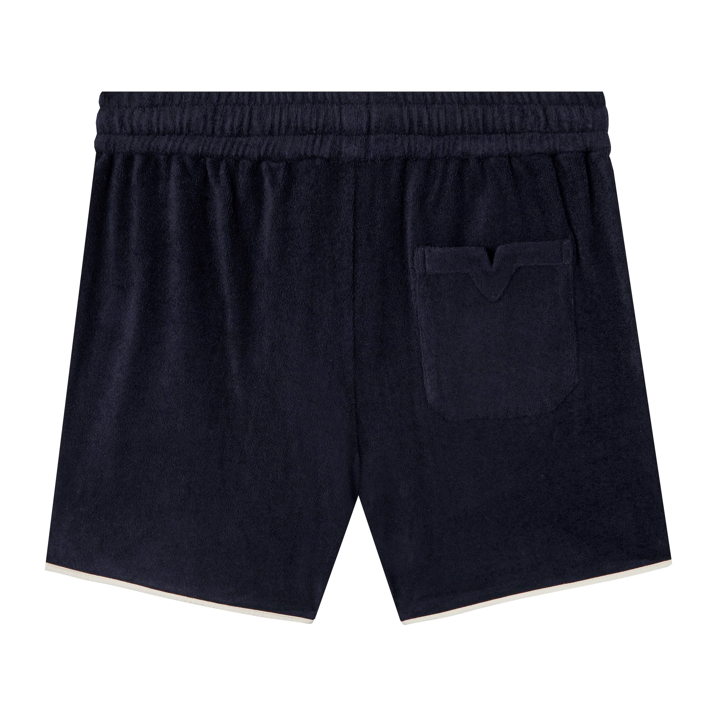 Backwards-facing product image of the 'Standard Issue' Cabana Shorts (Midnight Blue) that showcases the signature Tombolo 'V' Slit on the backpocket.
