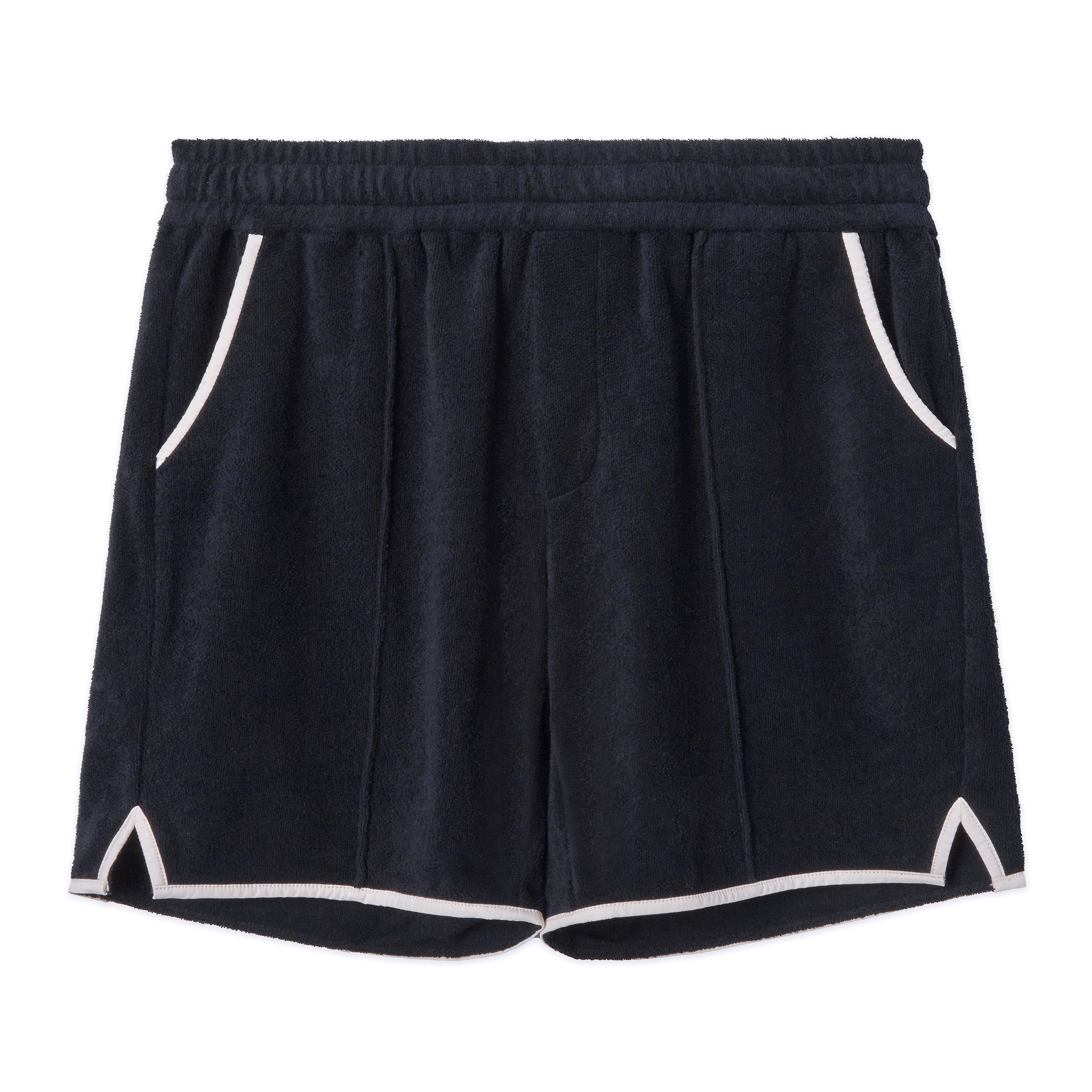 Front-facing product image of the 'Standard Issue' Cabana Shorts (Midnight Blue) made of 100% Organic Terry Cloth with an elastic waistband, pull-on style with relaxed fit throughout, 1/4" edge-binding on pocket and leg openings (including v-slit on side seam), signature Tombolo v-slit back pocket, sewn pleats, and an internal drawstring.