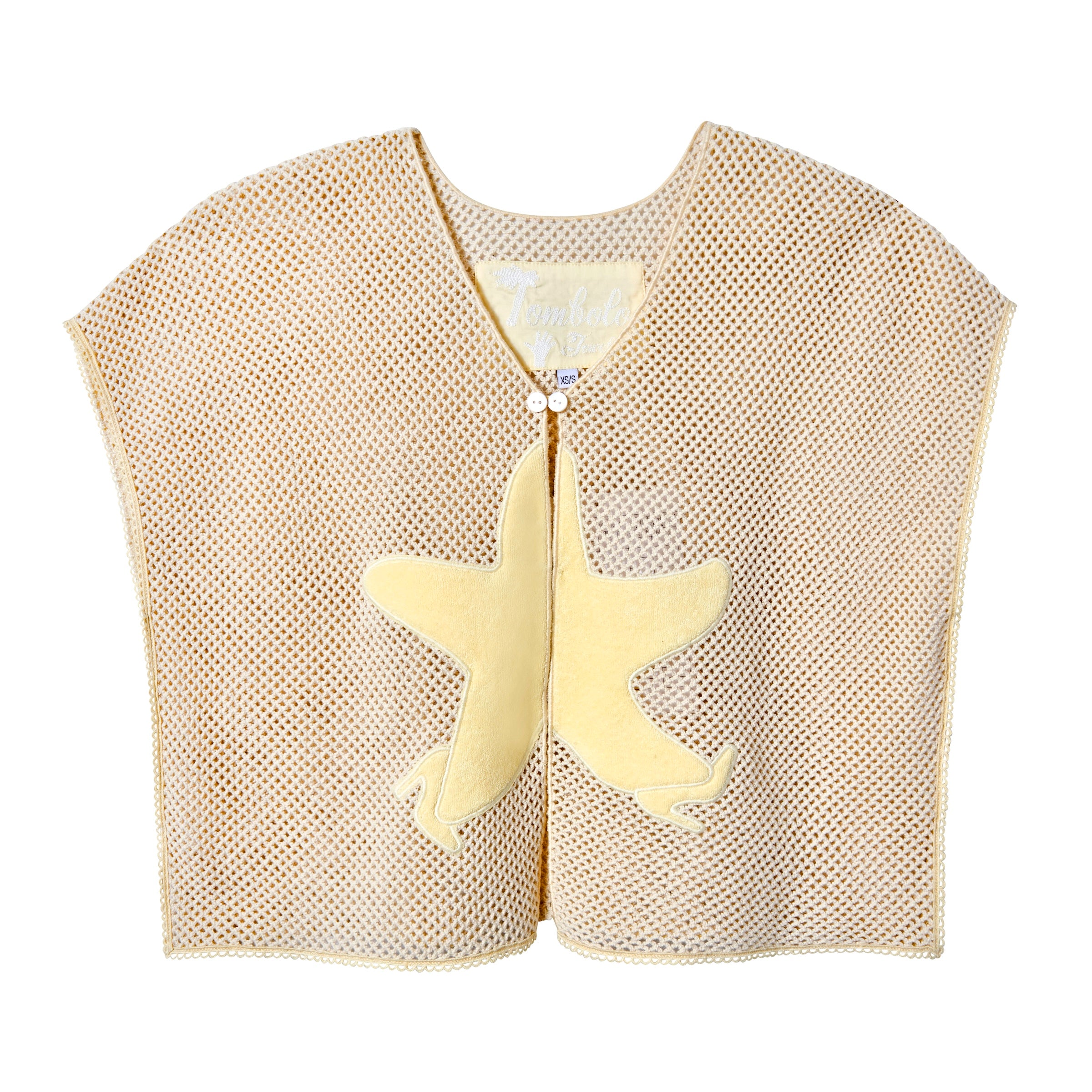 Sleeveless mesh top in a sandy beige tone with a large, soft yellow starfish appliqué on the front. The top features a front button closure with two white buttons near the collar.