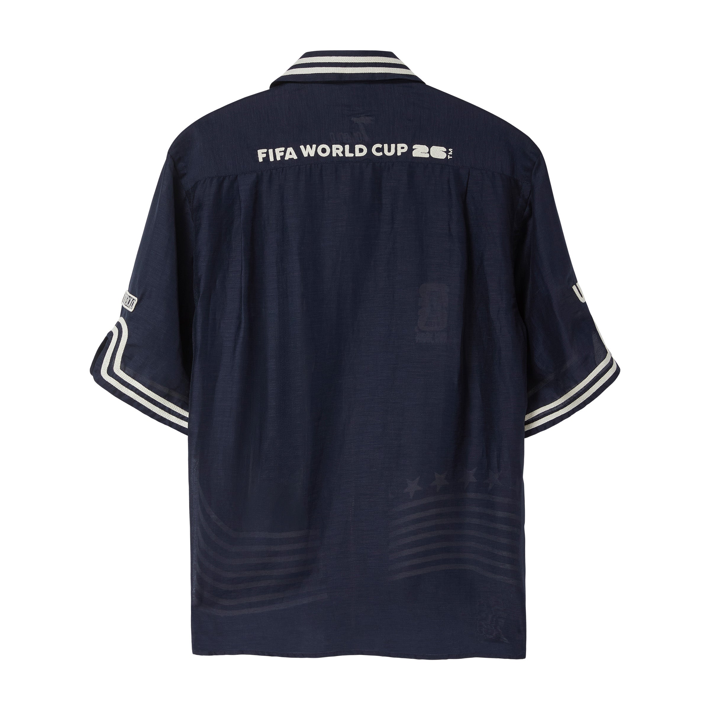 Navy short sleeve cabana shirt back with white FIFA World Cup 26 text across shoulders and striped trim at collar and sleeves.