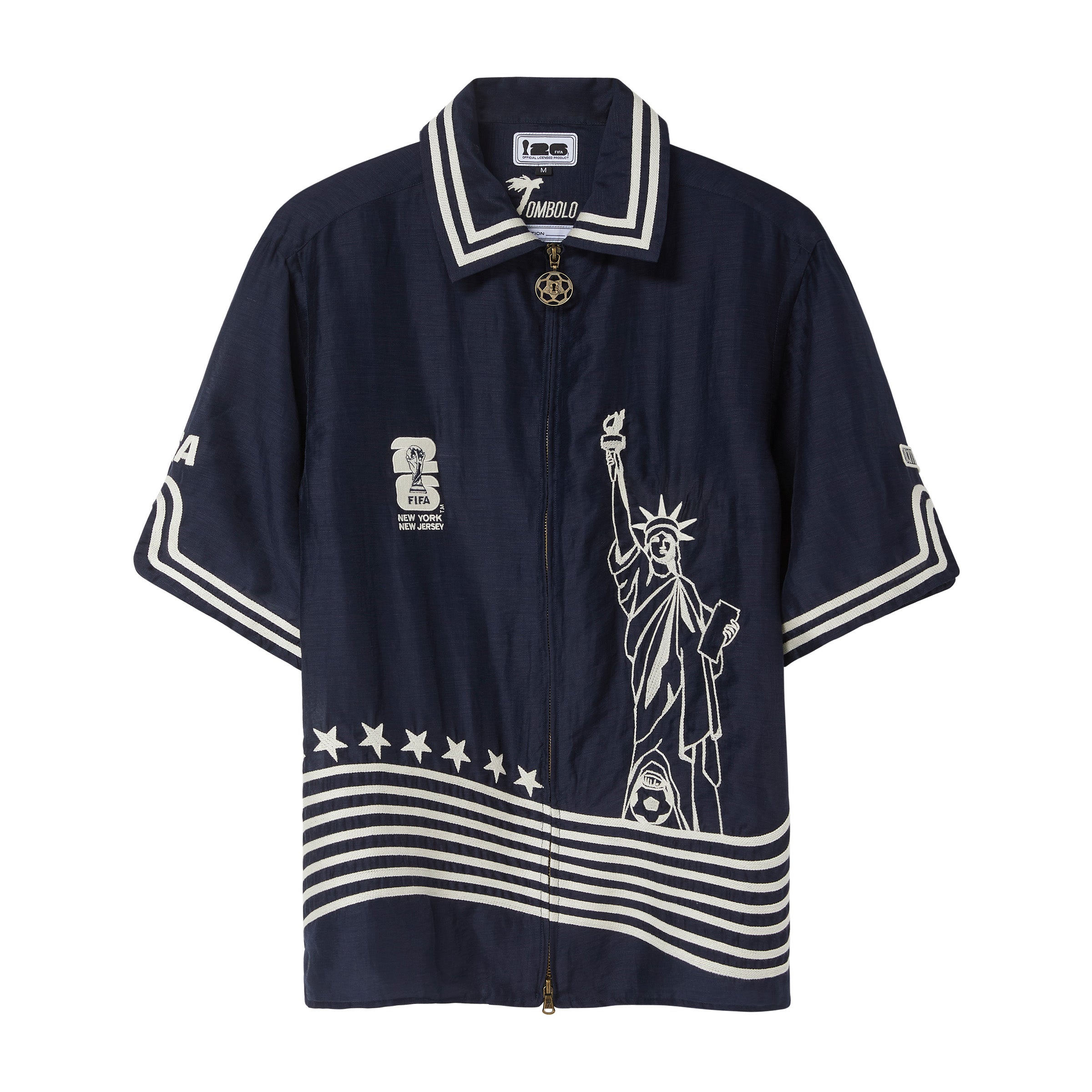 Navy short sleeve zip cabana shirt with white Statue of Liberty embroidery, striped hem and sleeve trim, and FIFA New York New Jersey chest embroidery.