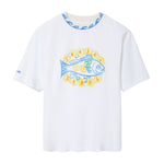 White t-shirt with a blue fish design on a white background