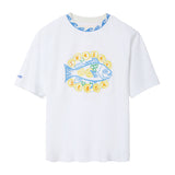 White t-shirt with a blue fish design on a white background