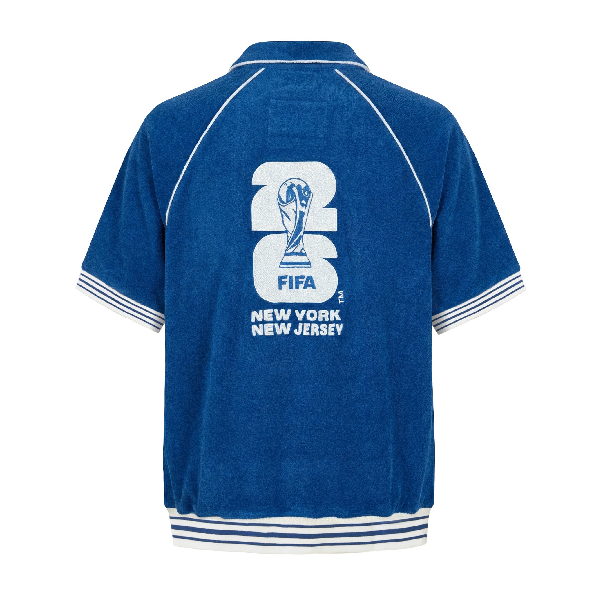 Back view of blue terry cloth short sleeve cabana shirt with large FIFA World Cup 26 New York New Jersey embroidery.
