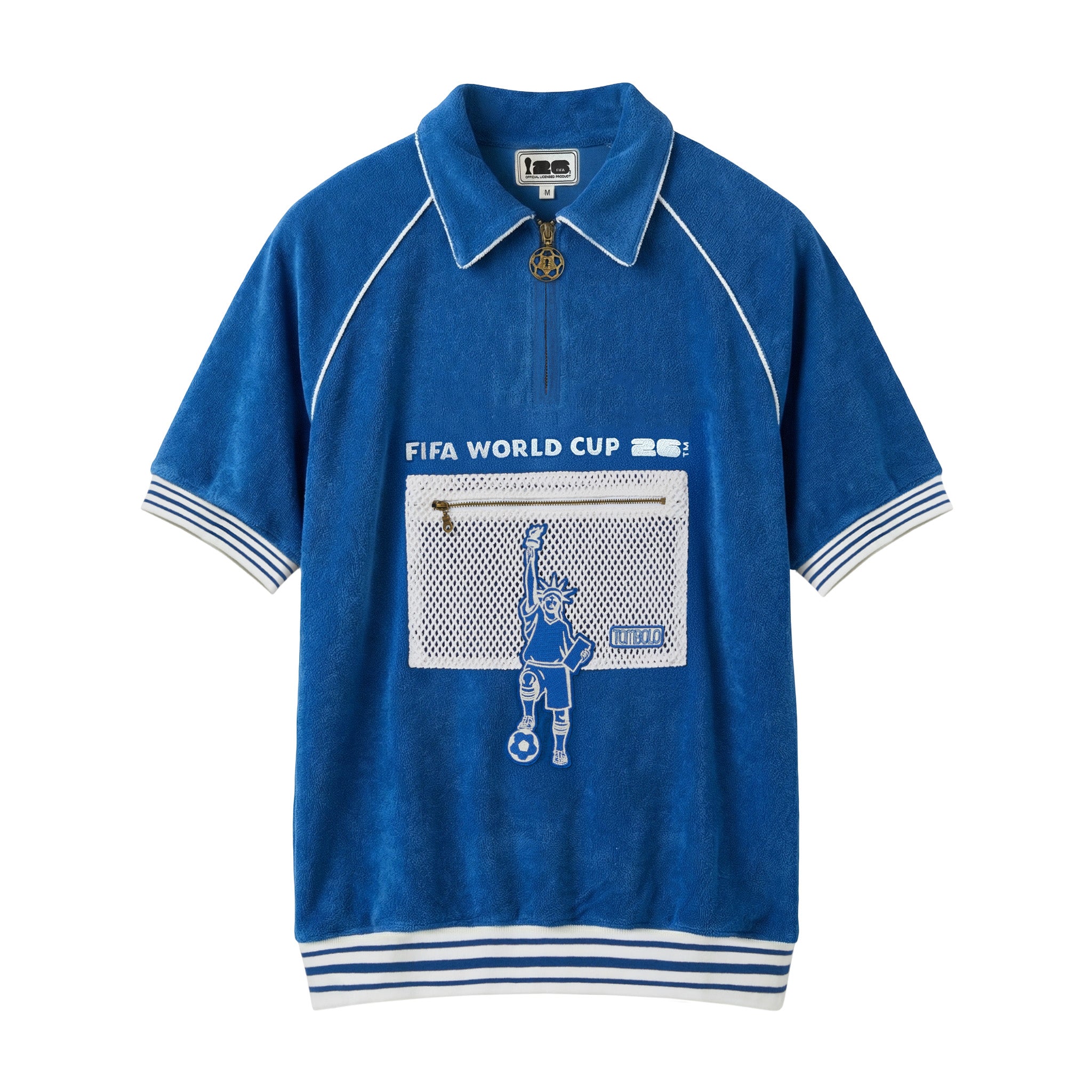 Blue terry cloth short sleeve cabana shirt with white striped trim, half zip collar, and white mesh chest pocket with Statue of Liberty soccer patch.