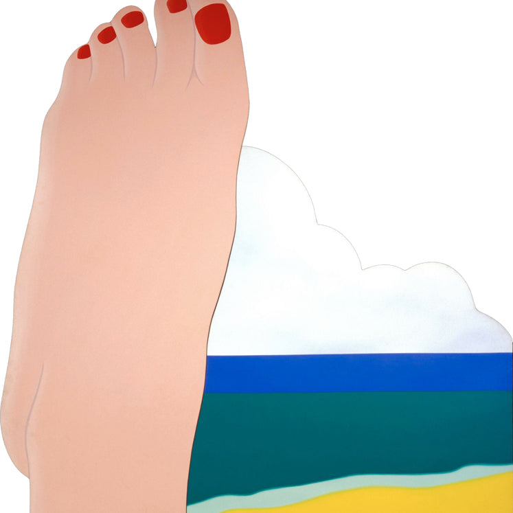 Close up of drawing showing foot with red toenails in front of beachscape