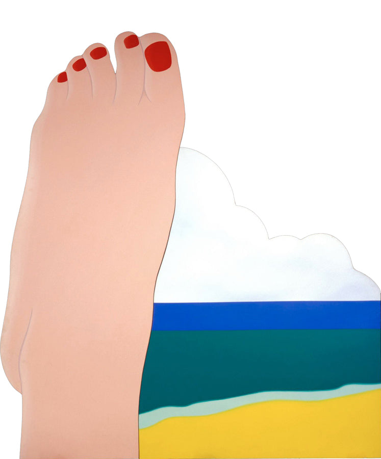 Close up of drawing showing foot with red toenails in front of beachscape