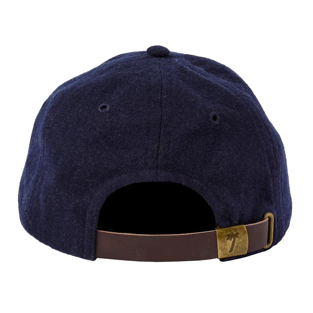 Back side of 'The Explorers Club' 6-Panel Souvenir Cap (Wool) featuring brown leather strap for size flexibility.