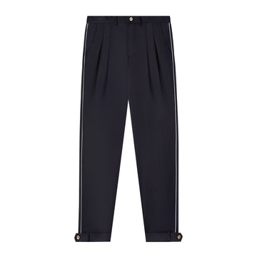 Front view of the navy traveler pants