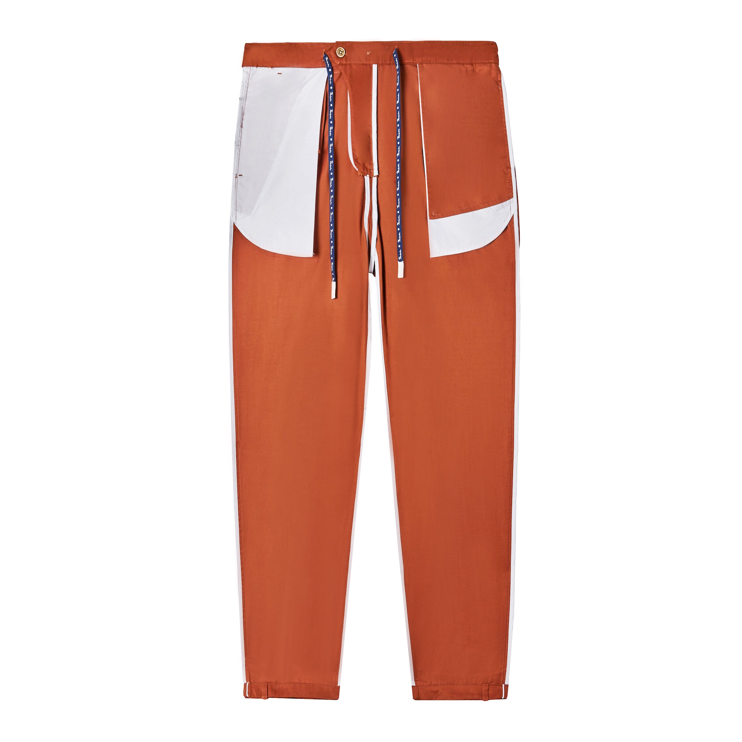 Inside-out view of rust traveler pants.