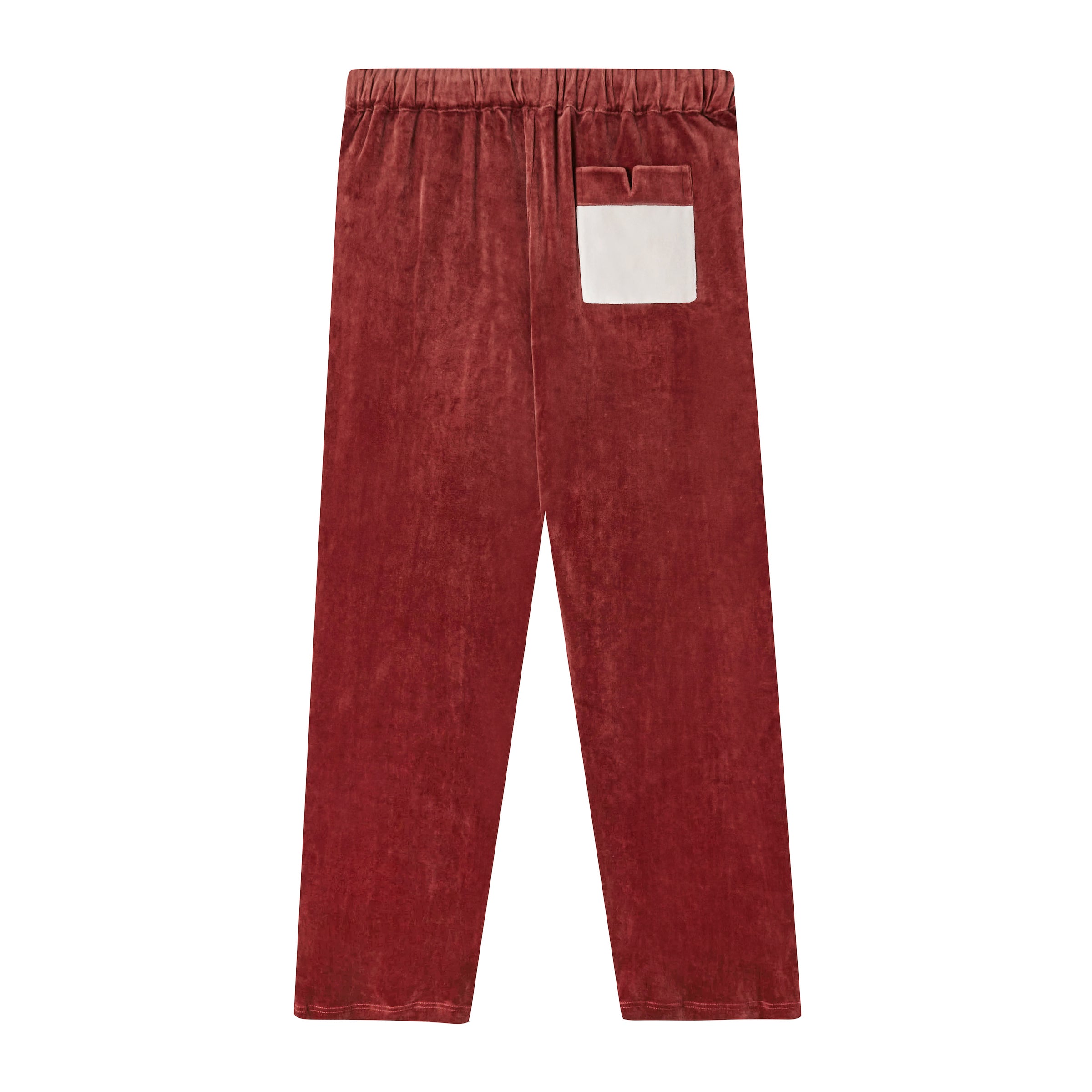 Backwards-facing product image of 'The Sopranos' Pie-O-My Track Pants that showcases the burgundy velour coloring and pink paneled pocket with the signature Tombolo v-slit, two-tone back pocket, shot on a white background.