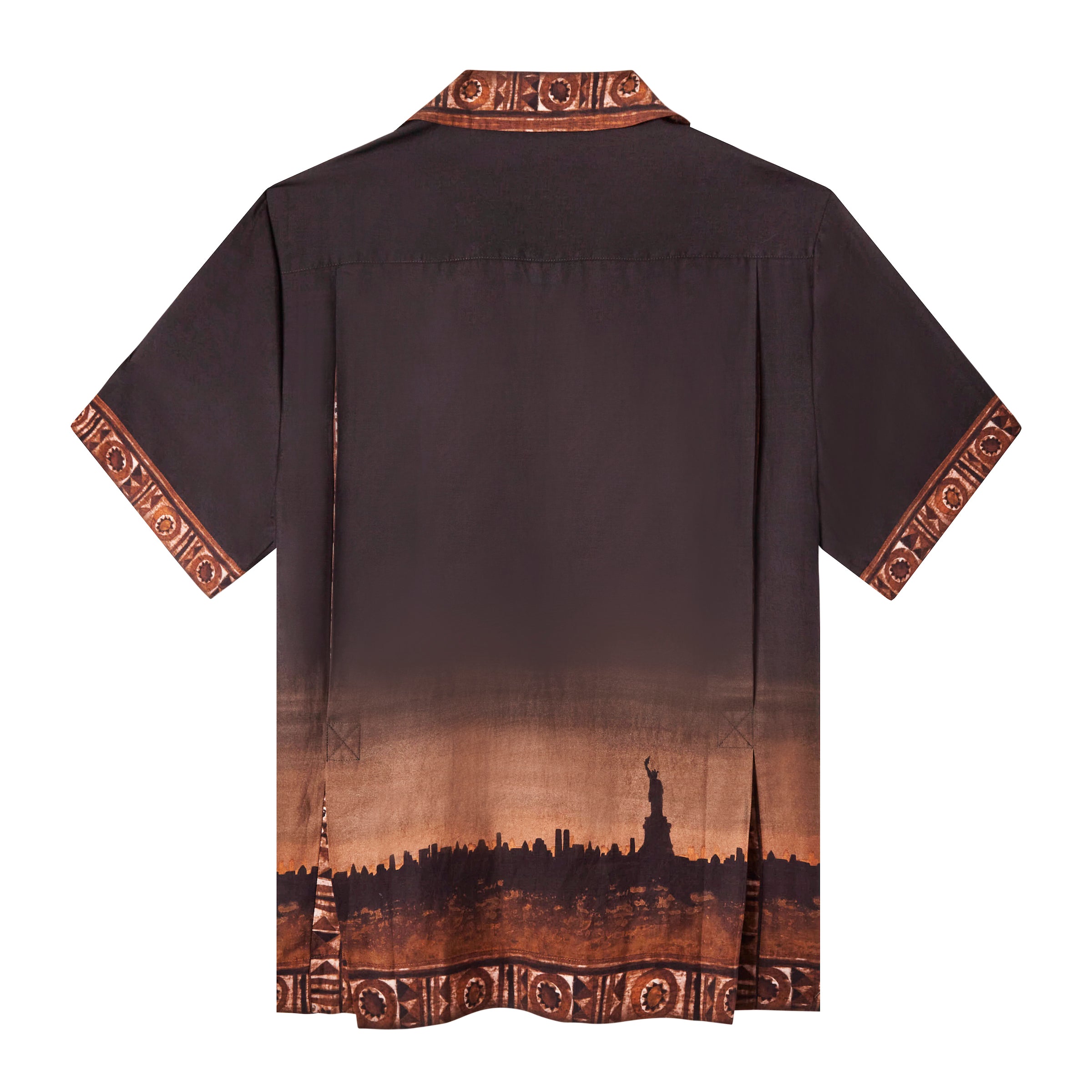 Backwards-facing product image of 'The Sopranos' Turnpike Batik that features a digitally printed skyline of New York City and the contrasting batik collar, cuffs, placket, and bottom sweep