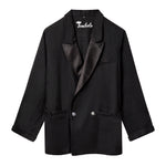Black double-breasted jacket with satin shawl lapel, two front pockets, and a relaxed fit.