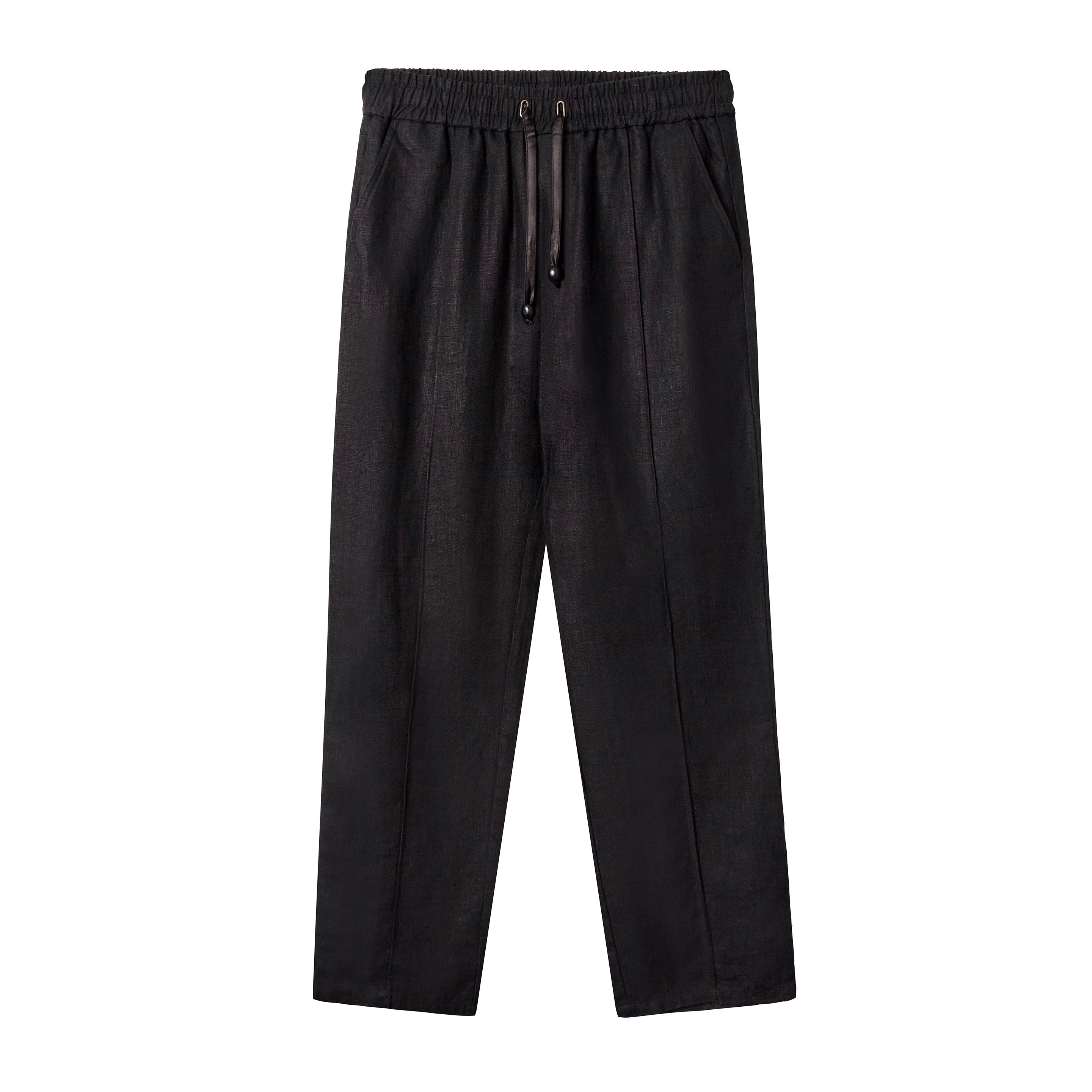 Black linen drawstring pants with a relaxed fit, elastic waistband, and side pockets.