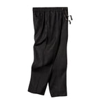 Black linen drawstring pants with a relaxed fit, elastic waistband, and side pockets