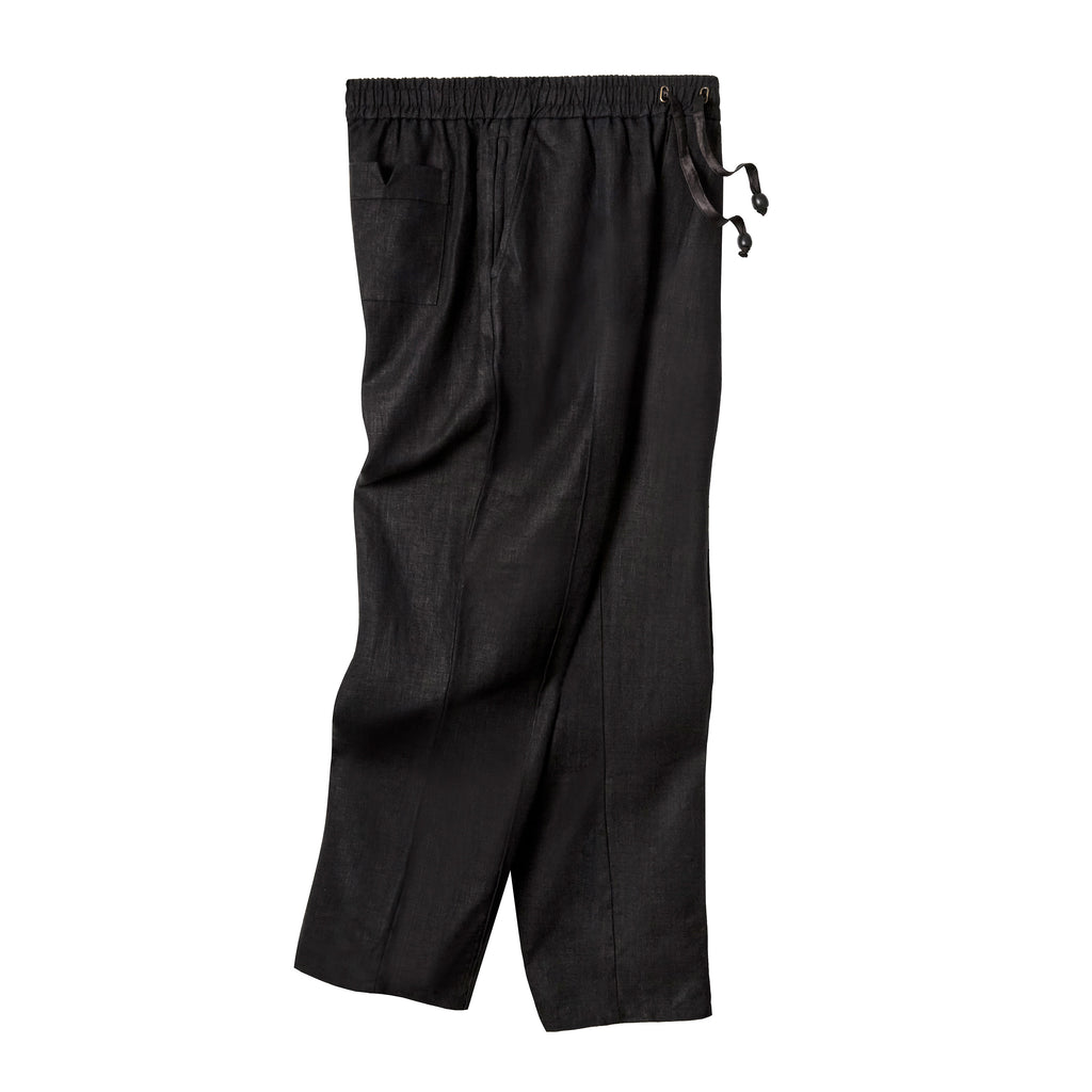 Black linen drawstring pants with a relaxed fit, elastic waistband, and side pockets
