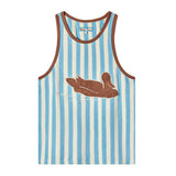 Front-facing product image of 'The Sopranos' Fowl Play Tank Top that features an appliquéd and edge-embroidered swimming duck on chest, contrasting ribbing on collar and arm holes, custom The Sopranos x Tombolo interior label, knitted, vertical stripes in plush, and absorbent organic cotton terry cloth.