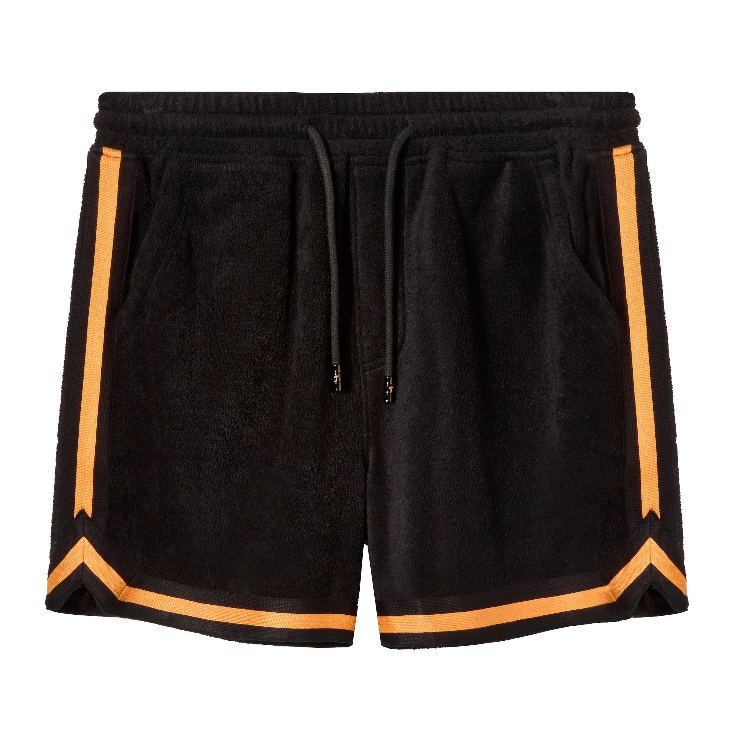 Black terry cloth shorts with an elastic waistband and black drawstrings. Features orange and yellow side stripes that form a chevron detail at the hem.