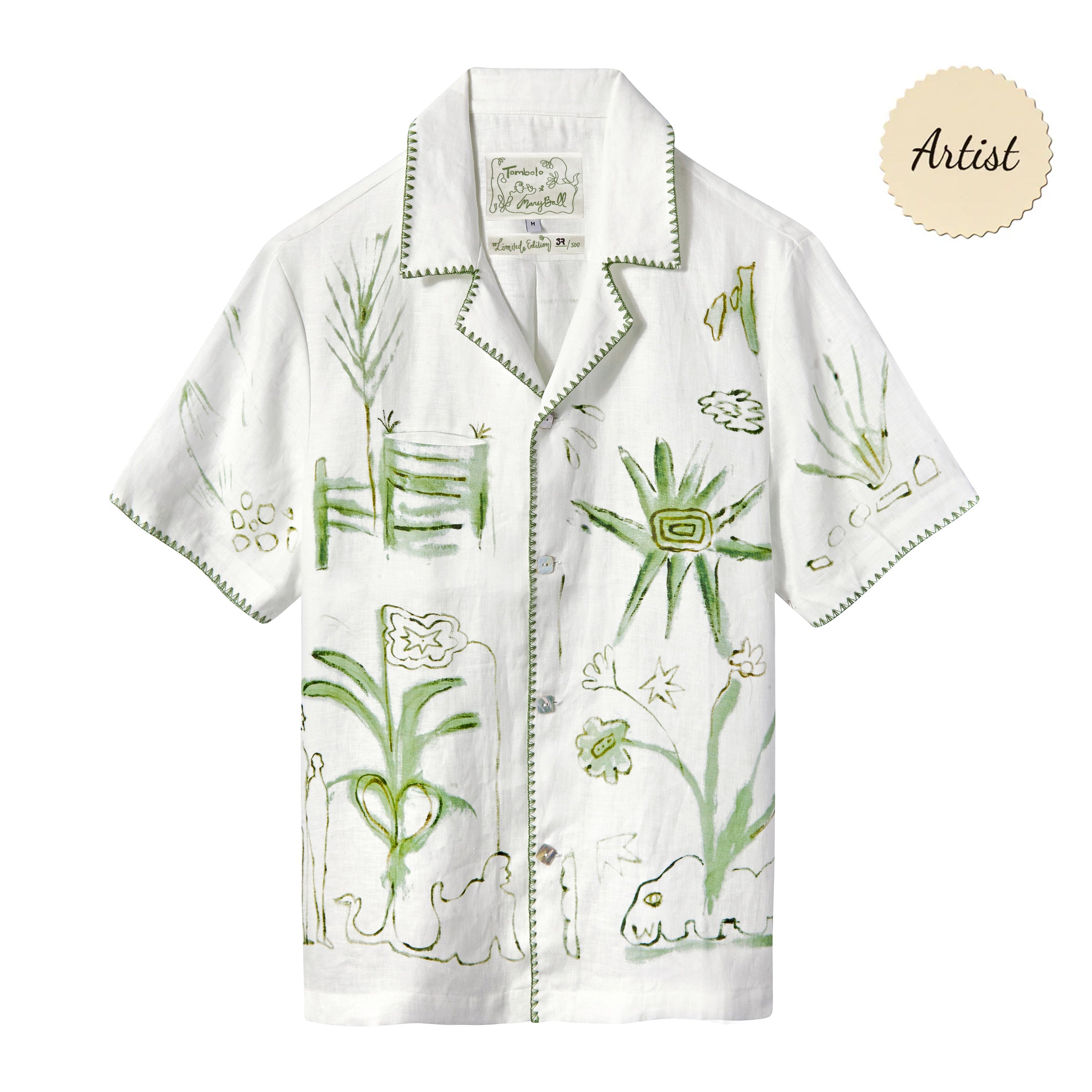 A short-sleeve white button-down shirt with green botanical and abstract designs.