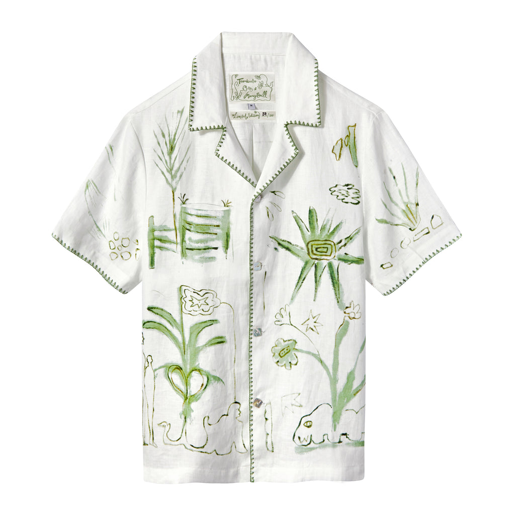 A short-sleeve white shirt with green botanical and abstract designs, part of our 2024 artist collaboration.