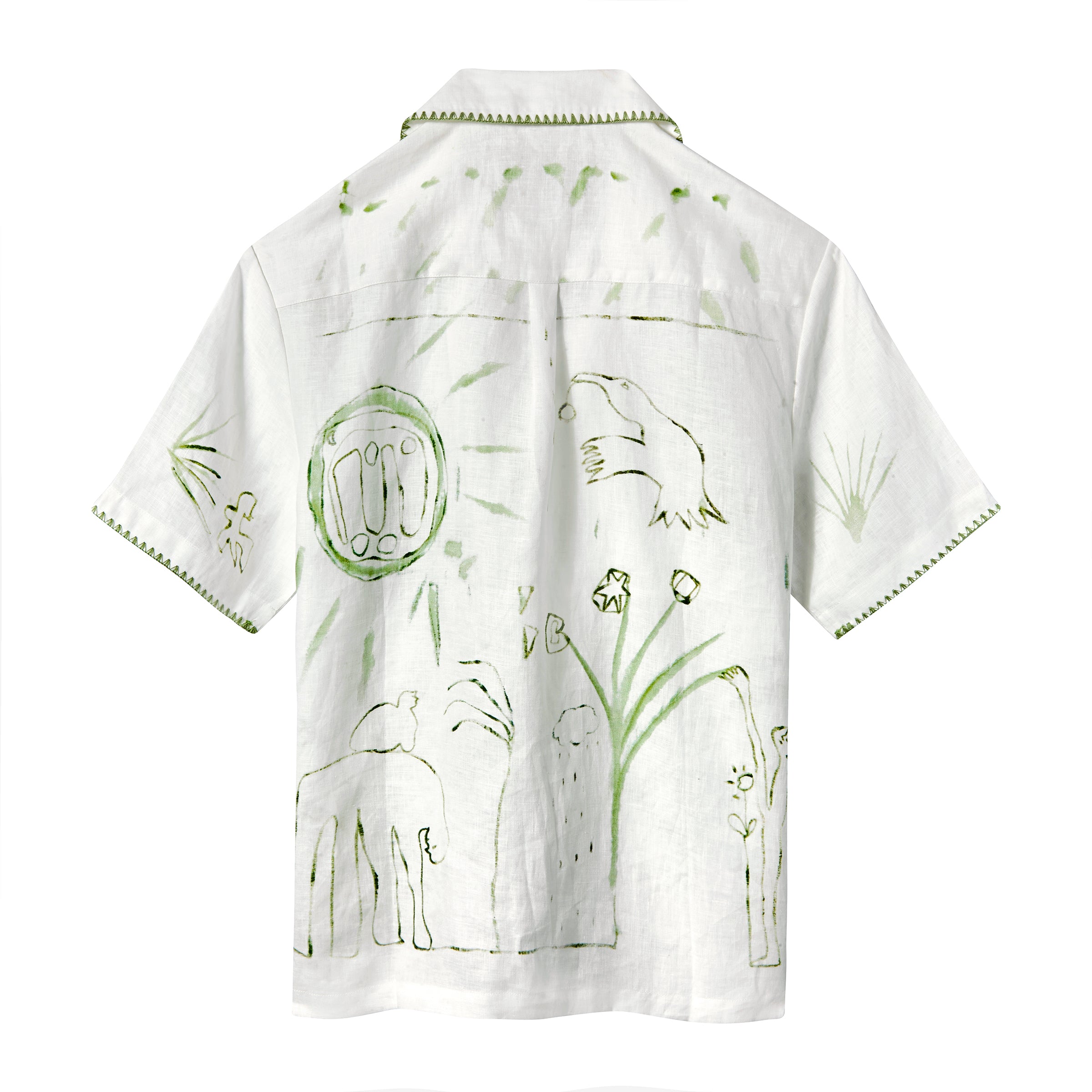 Image of backside of white button down, featuring more green floral and abstract designs. 