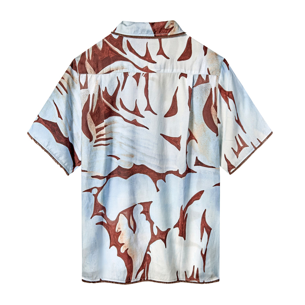 Back side of abstract brown and blue shirt designed by Artist Mary Ball. 