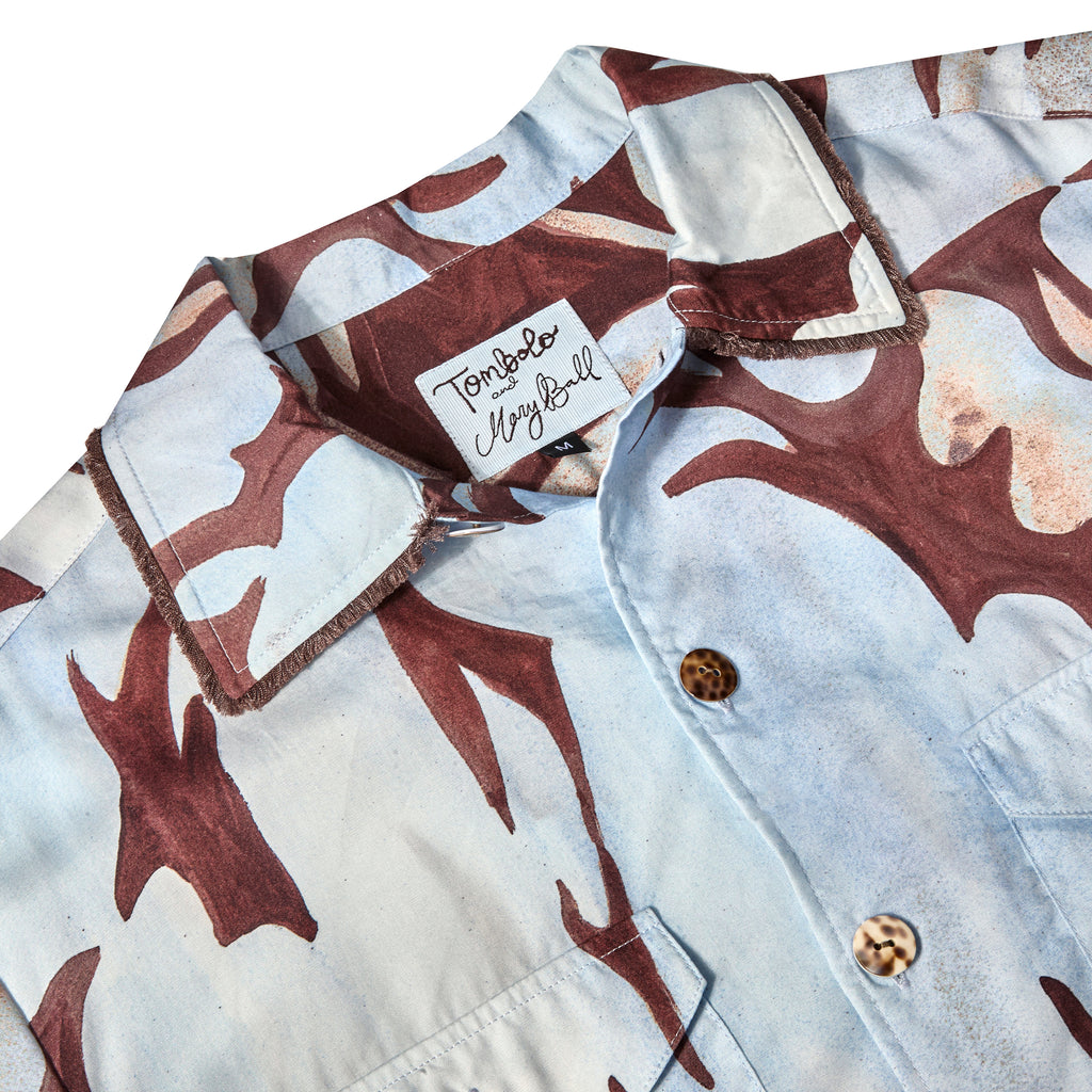 Close up image of interior label on Tombolo and Mary Ball Shirt. 