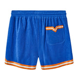 Backside of bright blue terry cloth shorts with orange-and-white stripes down the sides and hem.