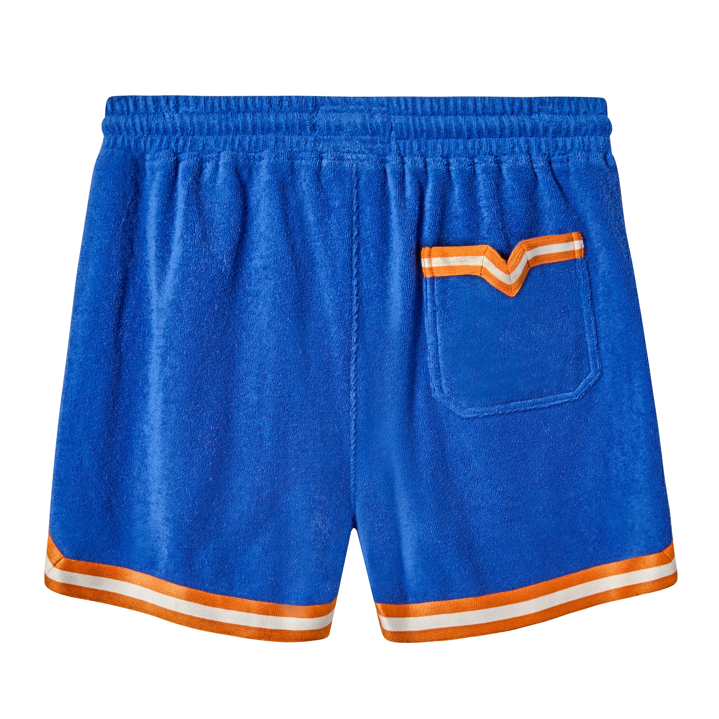 Backside of bright blue terry cloth shorts with orange-and-white stripes down the sides and hem.