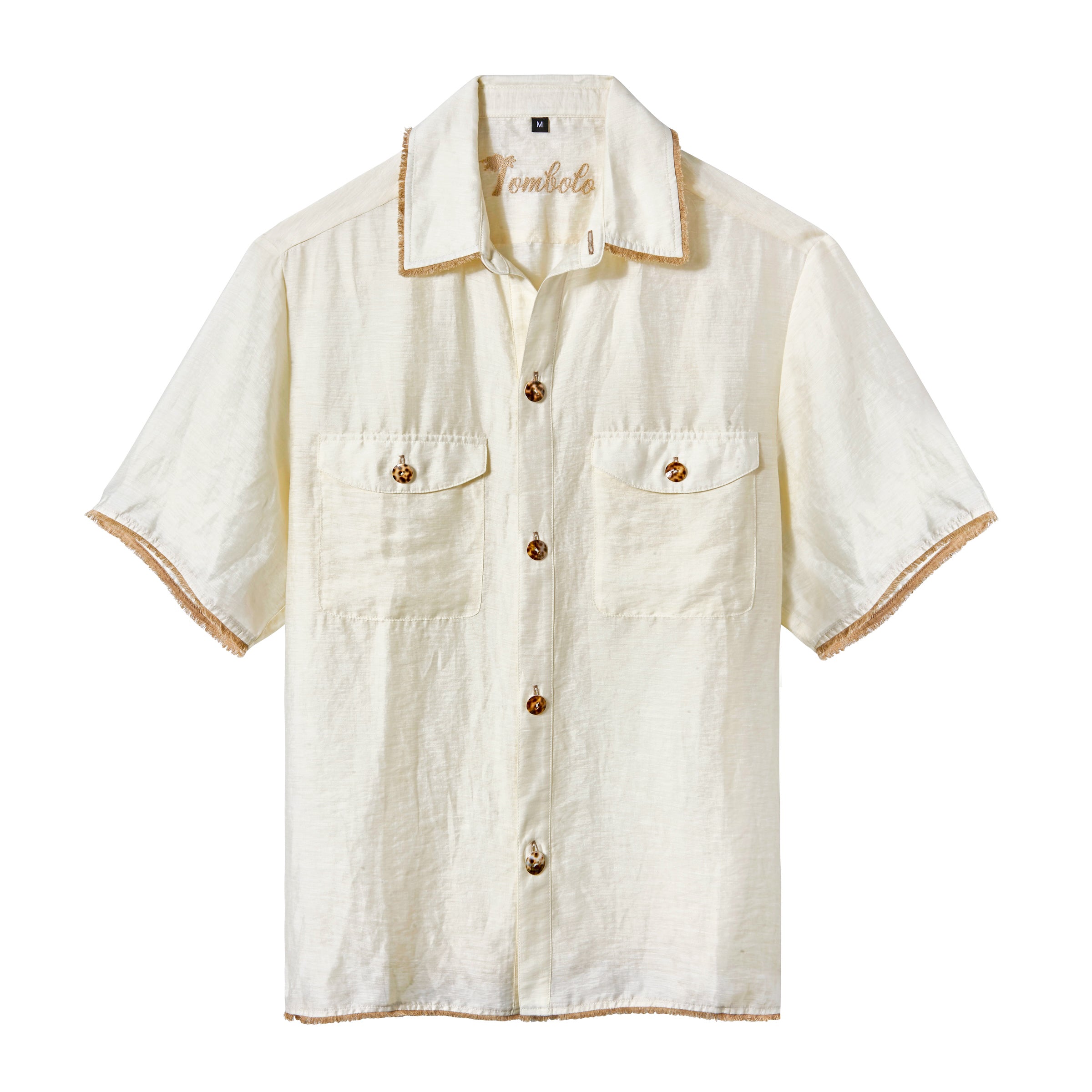Tombolo white button down collared shirt with spotted shell buttons and darker beige fringe trim