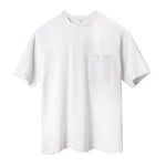 Plain white terry cloth t-shirt with a front v-notch pocket. 