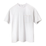 Plain white terry cloth t-shirt with a front v-notch pocket. 