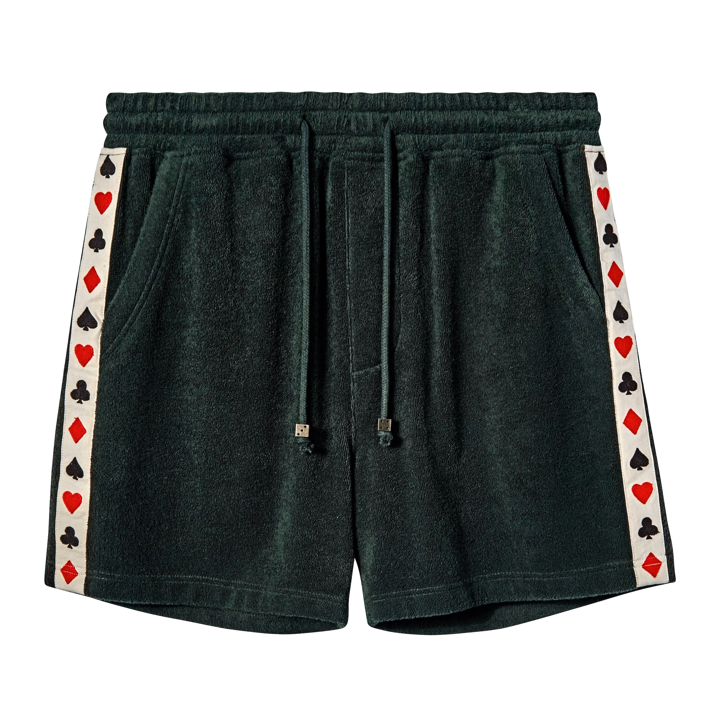 Dark green terry cloth shorts with an elastic waistband and drawstrings. A white side stripe features red and black playing card suits: hearts, diamonds, spades, and clubs.